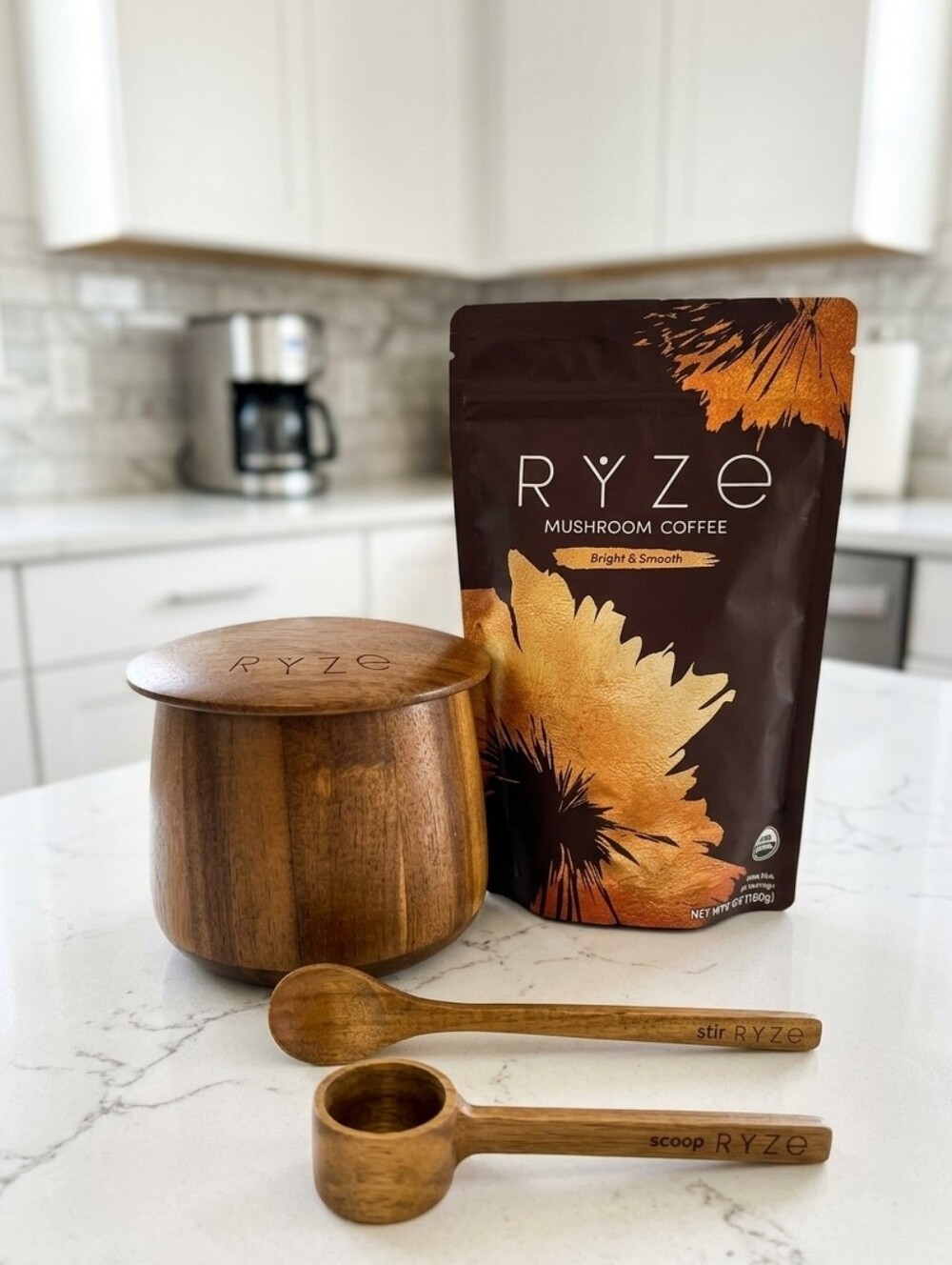 Mushroom Coffee - Bright & Smooth With Gorgeous Acacia Wood Jar And Spoons